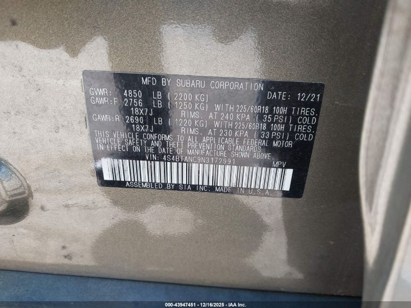 2022 Subaru Outback Limited VIN: 4S4BTANC9N3172991 Lot: 43947451