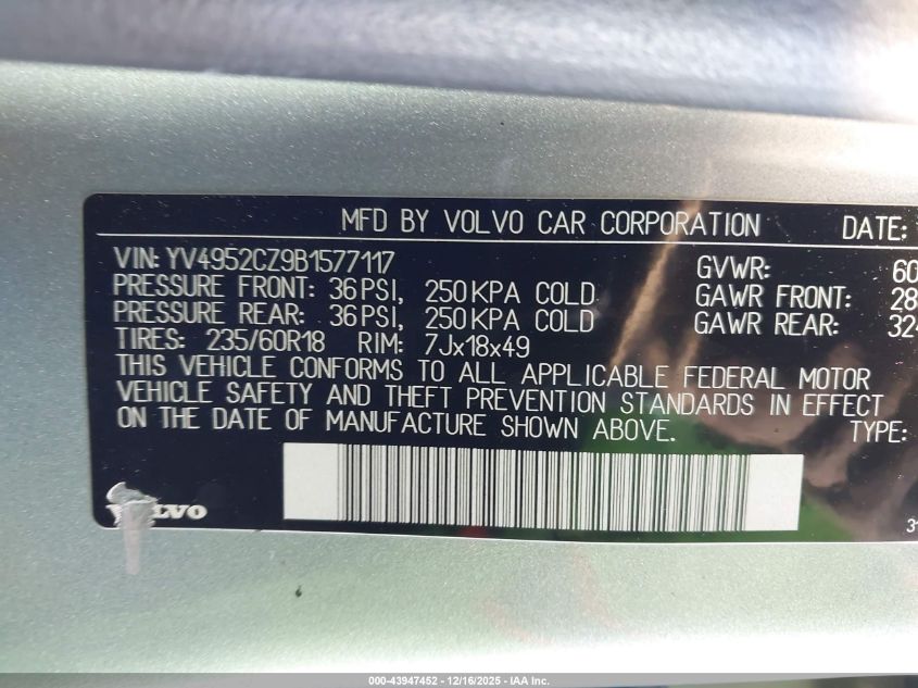 2011 Volvo Xc90 3.2 VIN: YV4952CZ9B1577117 Lot: 43947452