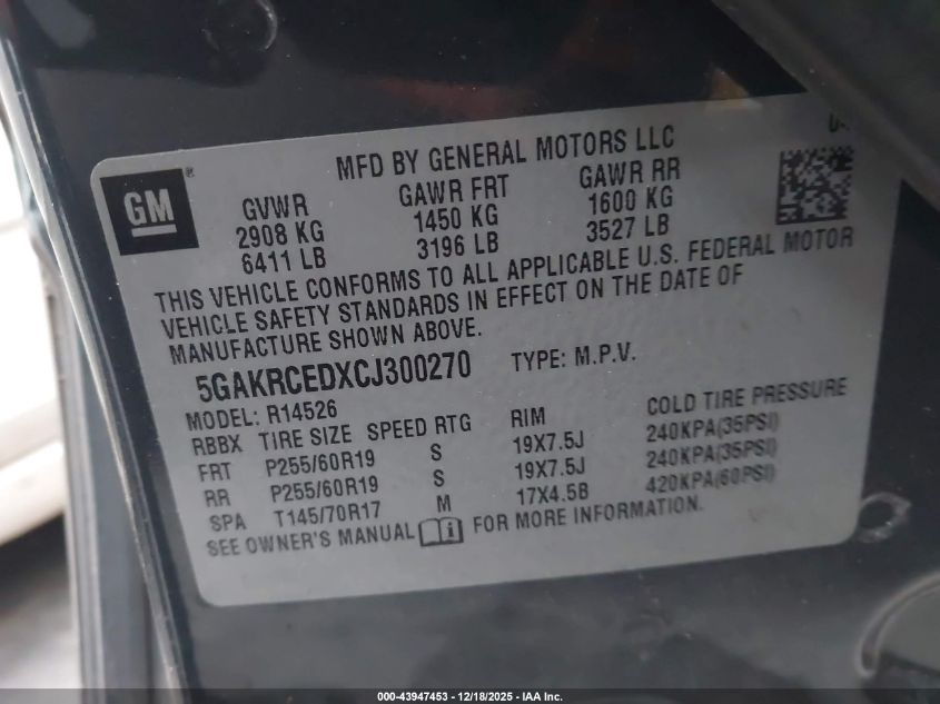 2012 Buick Enclave Leather VIN: 5GAKRCEDXCJ300270 Lot: 43947453