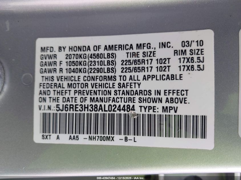 2010 Honda Cr-V Lx VIN: 5J6RE3H38AL024484 Lot: 43947454