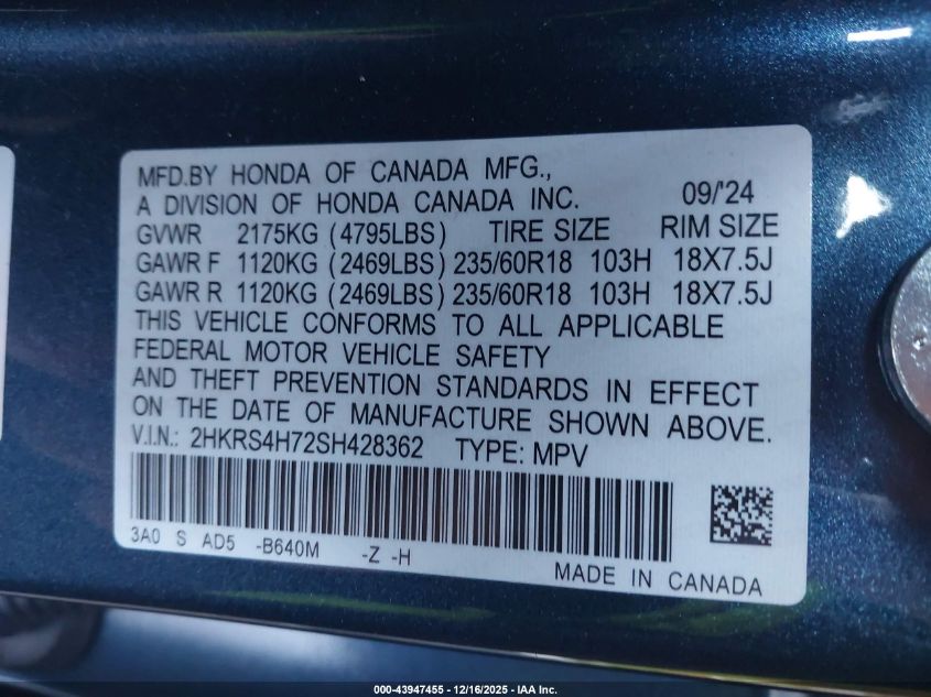 2025 Honda Cr-V Ex-L Awd VIN: 2HKRS4H72SH428362 Lot: 43947455