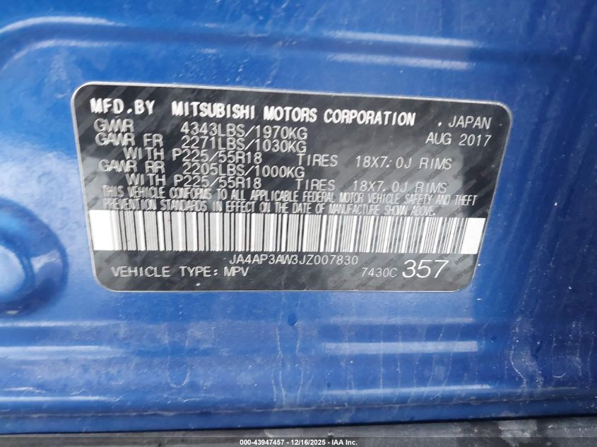 2018 Mitsubishi Outlander Sport 2.4 Se VIN: JA4AP3AW3JZ007830 Lot: 43947457