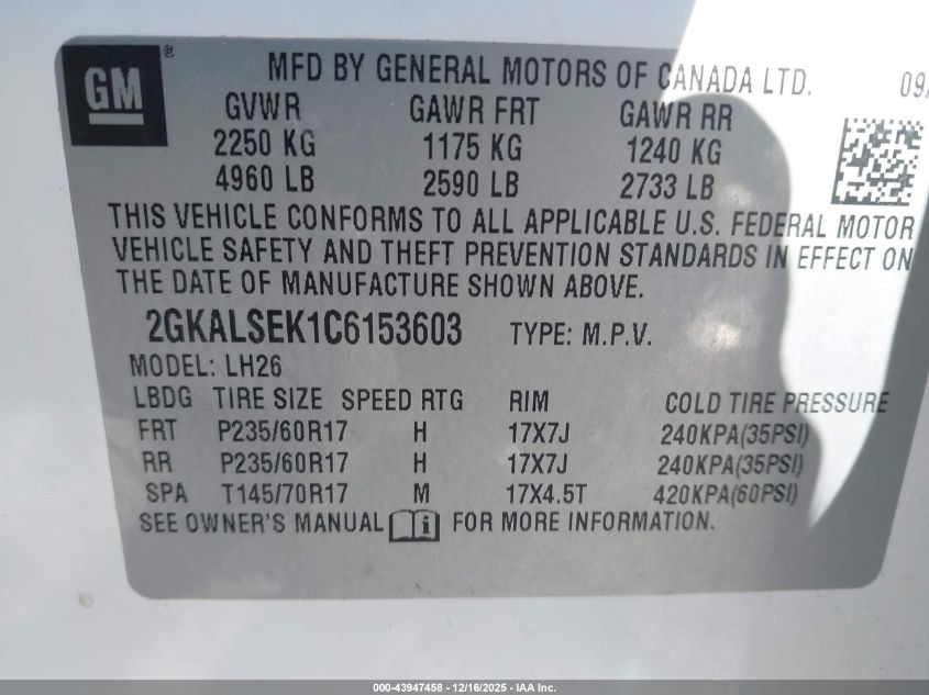 2012 GMC Terrain Sle-2 VIN: 2GKALSEK1C6153603 Lot: 43947458