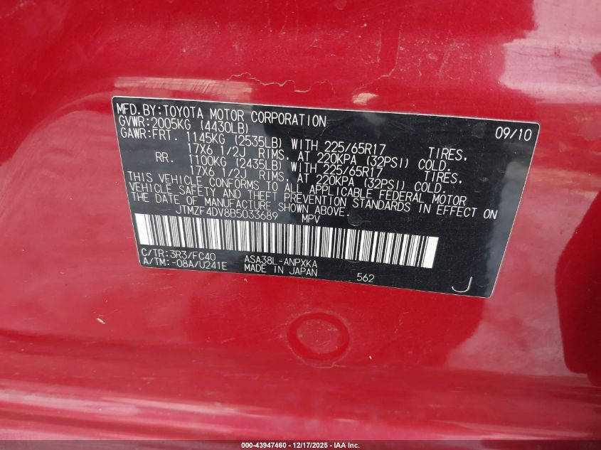 2011 Toyota Rav4 VIN: JTMZF4DV8B5033689 Lot: 43947460