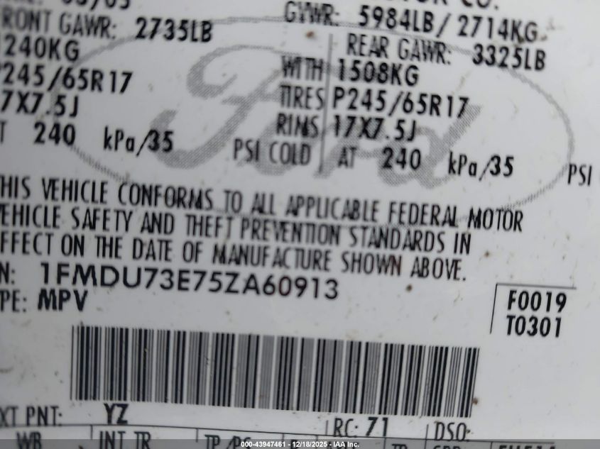 2005 Ford Explorer Xlt/Xlt Sport VIN: 1FMDU73E75ZA60913 Lot: 43947461