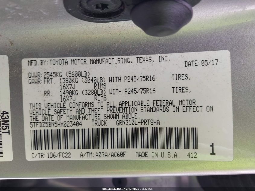 2017 Toyota Tacoma Sr5 V6 VIN: 5TFDZ5BN5HX023404 Lot: 43947465