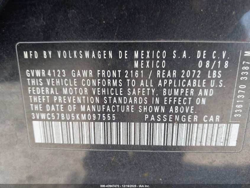 2019 Volkswagen Jetta 1.4T R-Line/1.4T S/1.4T Se VIN: 3VWC57BU5KM097555 Lot: 43947470