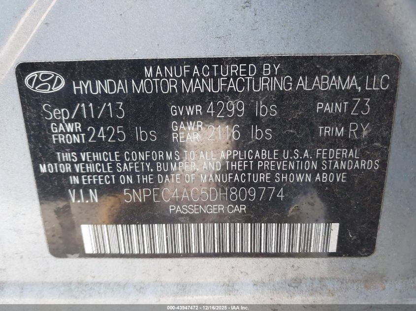 2013 Hyundai Sonata Se VIN: 5NPEC4AC5DH809774 Lot: 43947472