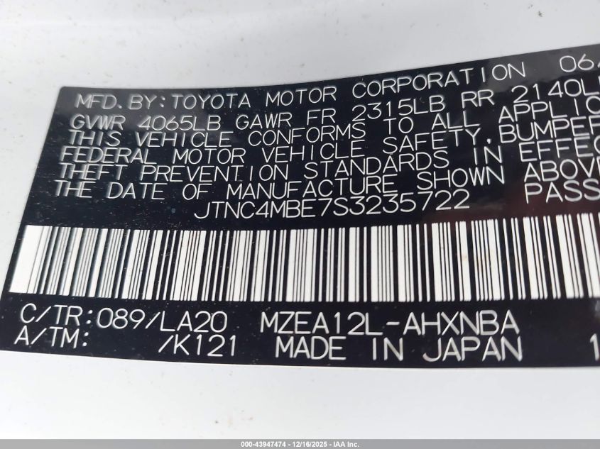 2025 Toyota Corolla Xse VIN: JTNC4MBE7S3235722 Lot: 43947474