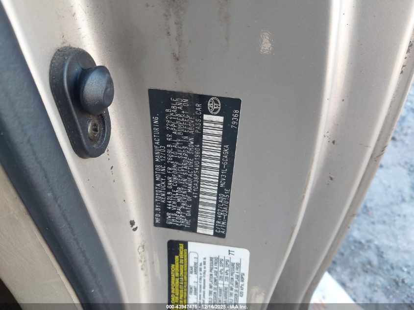 2004 Toyota Camry Solara Sle V6 VIN: 4T1CA38P54U019604 Lot: 43947475