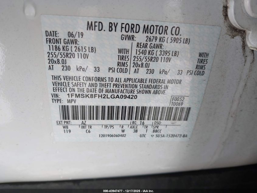 2020 Ford Explorer Limited VIN: 1FMSK8FH2LGA09420 Lot: 43947477