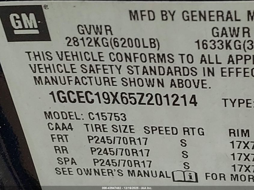 2005 Chevrolet Silverado 1500 Ls VIN: 1GCEC19X65Z201214 Lot: 43947482