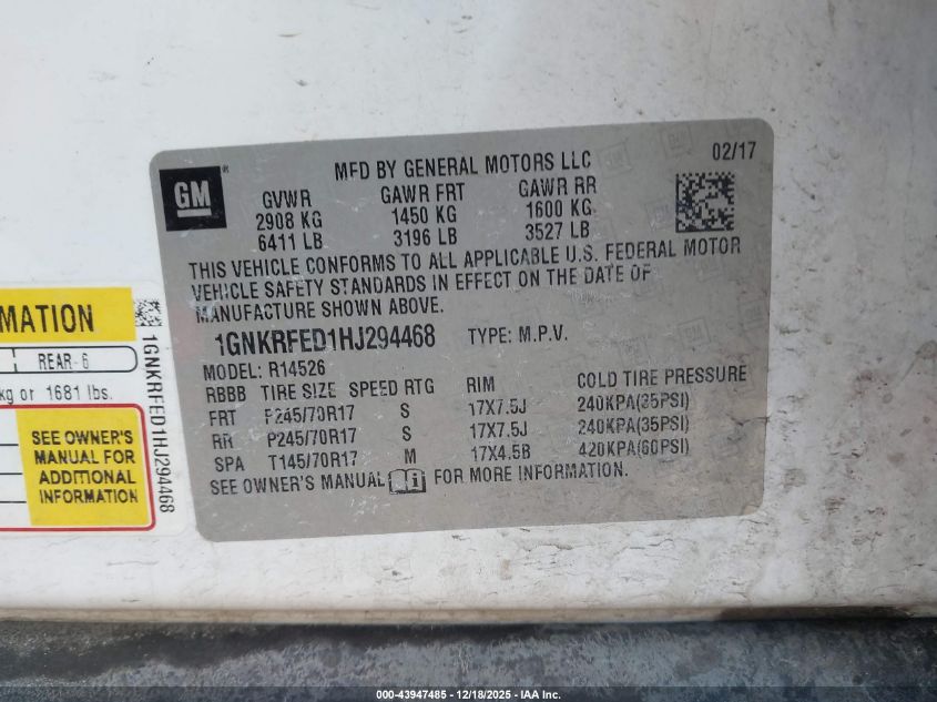 2017 Chevrolet Traverse Ls VIN: 1GNKRFED1HJ294468 Lot: 43947485