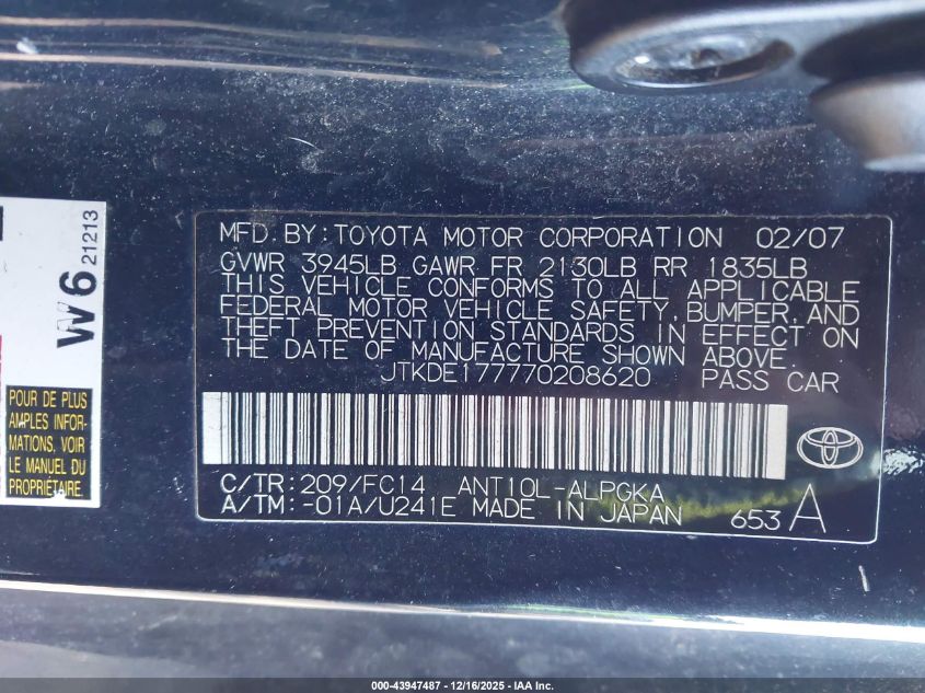 2007 Scion Tc VIN: JTKDE177770208620 Lot: 43947487