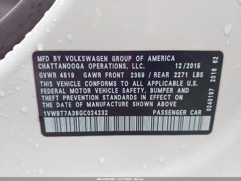 2016 Volkswagen Passat 1.8T Se VIN: 1VWBT7A38GC024232 Lot: 43947490