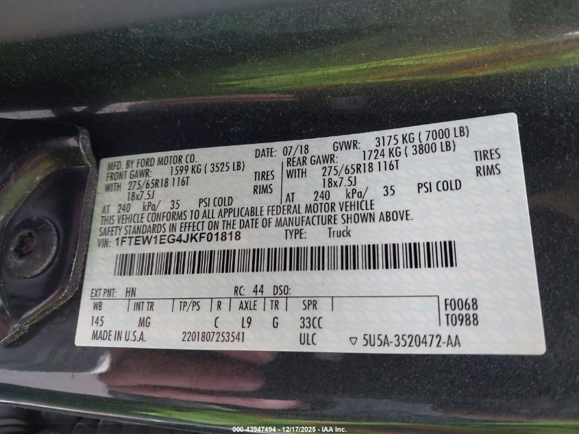 2018 Ford F-150 Xlt VIN: 1FTEW1EG4JKF01818 Lot: 43947494