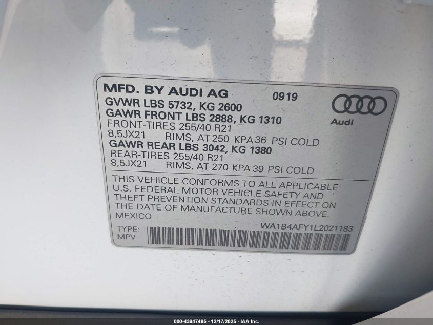 2020 Audi Sq5 Premium Plus Tfsi Quattro Tiptronic VIN: WA1B4AFY1L2021183 Lot: 43947495