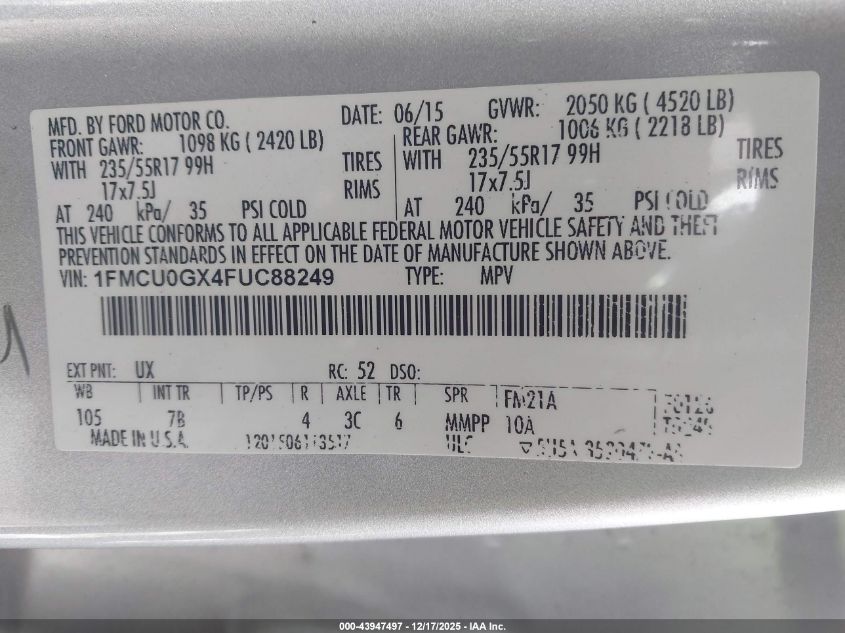 2015 Ford Escape Se VIN: 1FMCU0GX4FUC88249 Lot: 43947497