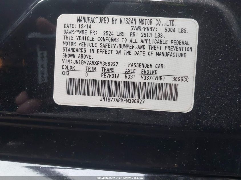 2015 Infiniti Q50 VIN: JN1BV7ARXFM396927 Lot: 43947502