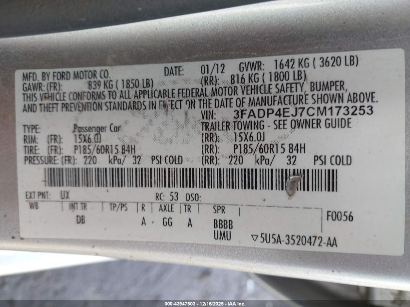 2012 Ford Fiesta Se VIN: 3FADP4EJ7CM173253 Lot: 43947503