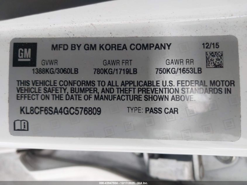 2016 Chevrolet Spark 2Lt Cvt VIN: KL8CF6SA4GC576809 Lot: 43947504
