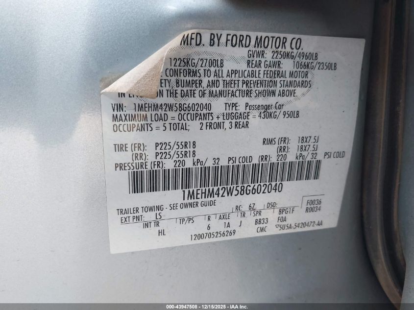 2008 Mercury Sable Premier VIN: 1MEHM42W58G602040 Lot: 43947508