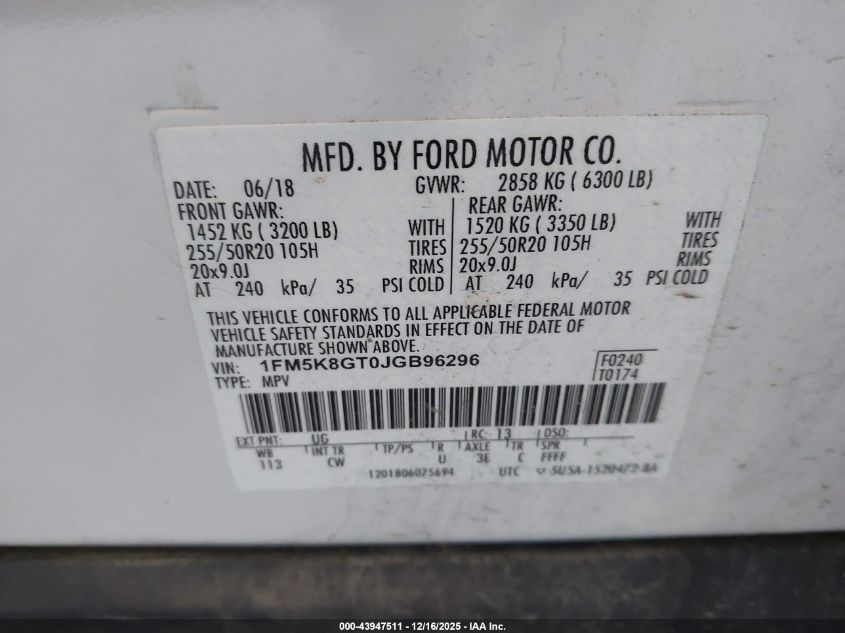 2018 Ford Explorer Sport VIN: 1FM5K8GT0JGB96296 Lot: 43947511