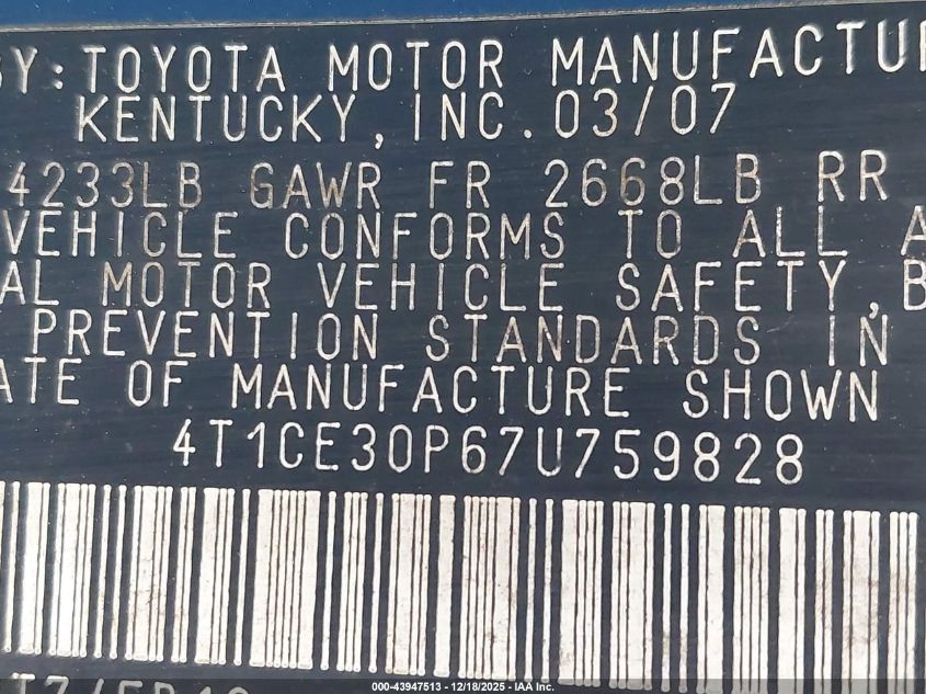 2007 Toyota Camry Solara Se VIN: 4T1CE30P67U759828 Lot: 43947513