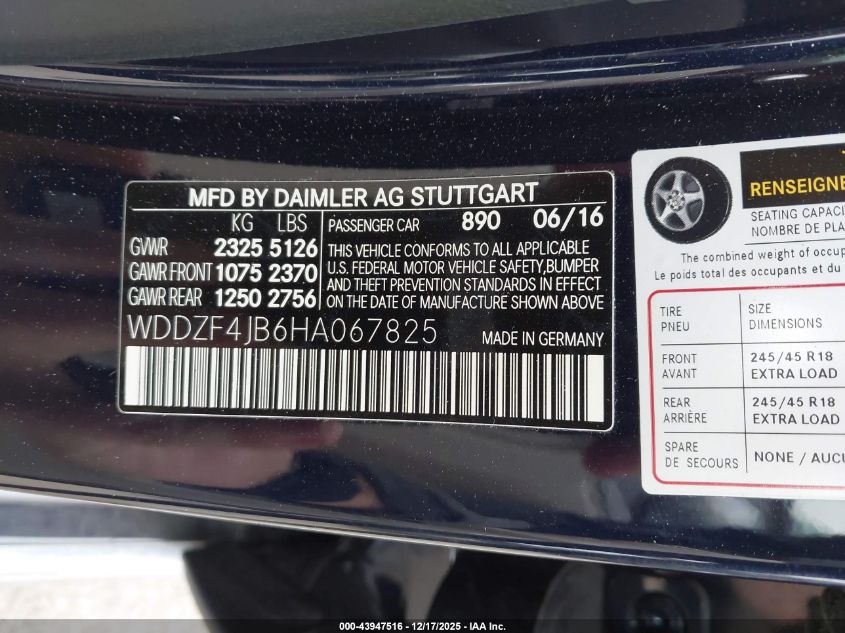 2017 Mercedes-Benz E 300 VIN: WDDZF4JB6HA067825 Lot: 43947516