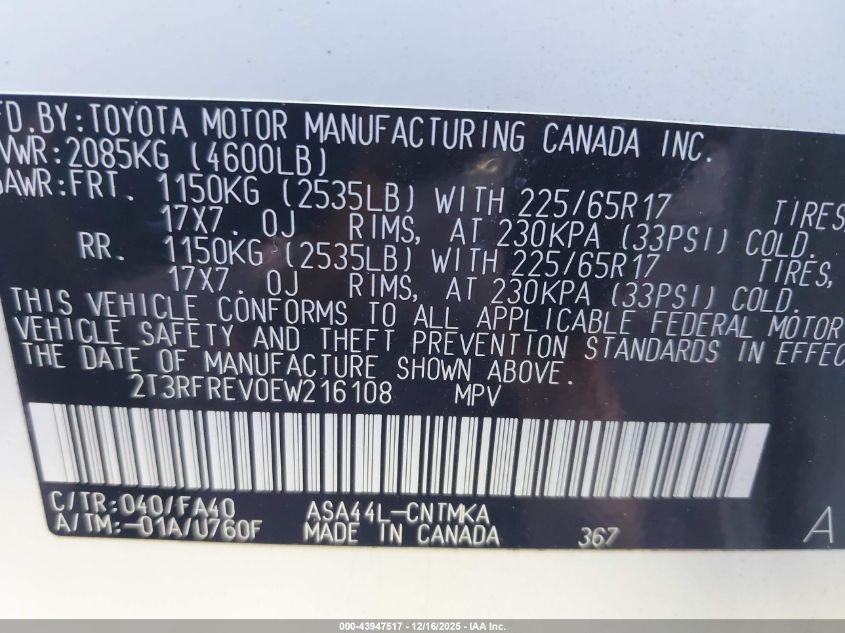 2014 Toyota Rav4 Xle VIN: 2T3RFREV0EW216108 Lot: 43947517