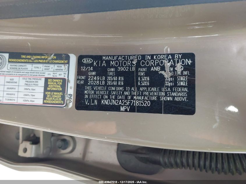 2015 Kia Soul VIN: KNDJN2A25F7181520 Lot: 43947518