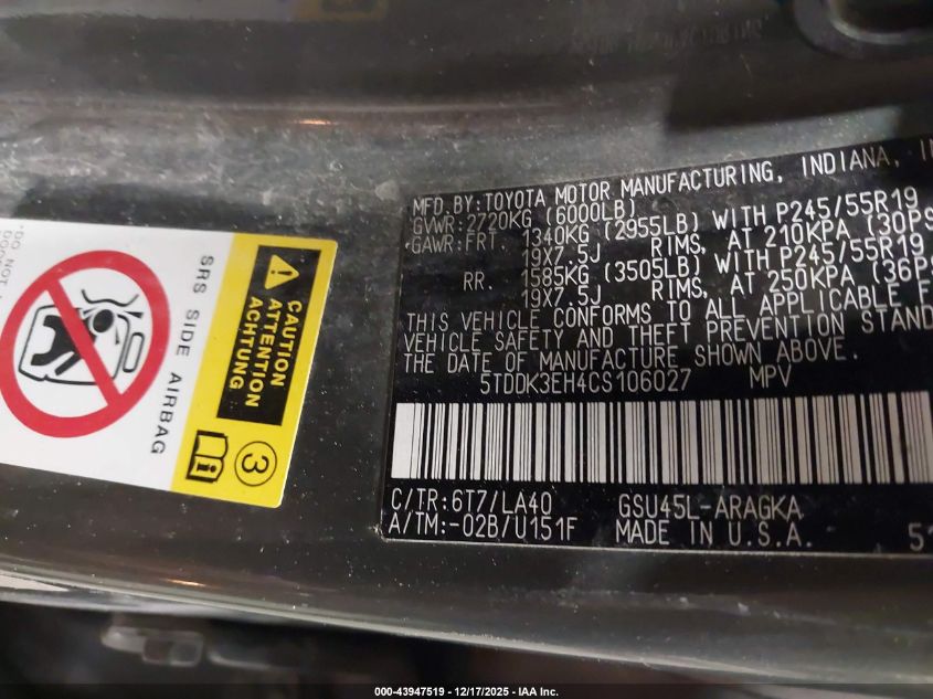 2012 Toyota Highlander Limited V6 VIN: 5TDDK3EH4CS106027 Lot: 43947519