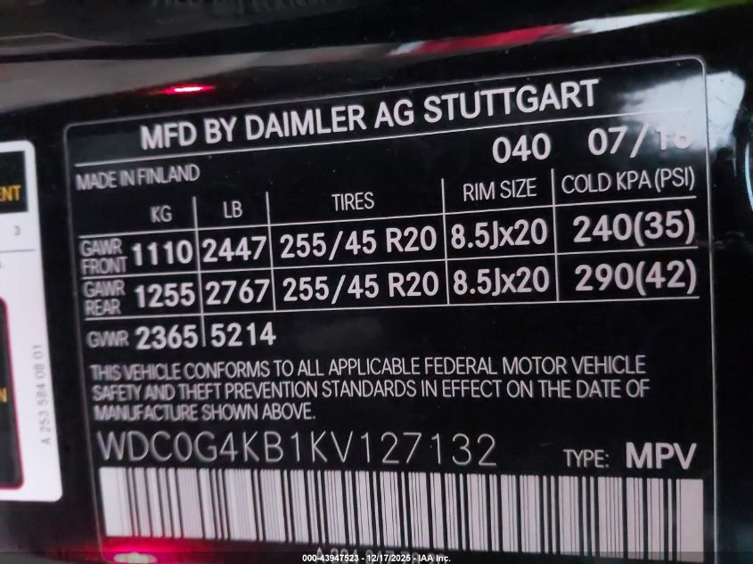 2019 Mercedes-Benz Glc 300 4Matic VIN: WDC0G4KB1KV127132 Lot: 43947523