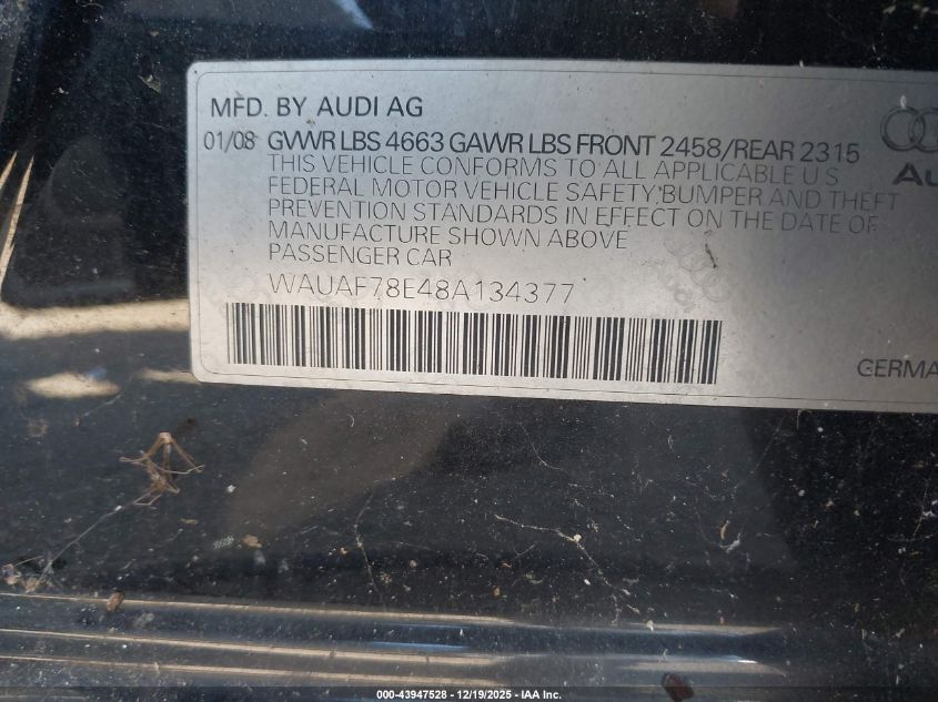 2008 Audi A4 2.0T/2.0T Special Edition VIN: WAUAF78E48A134377 Lot: 43947528
