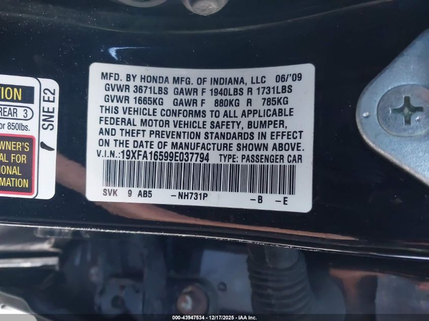 2009 Honda Civic Lx VIN: 19XFA16599E037794 Lot: 43947534