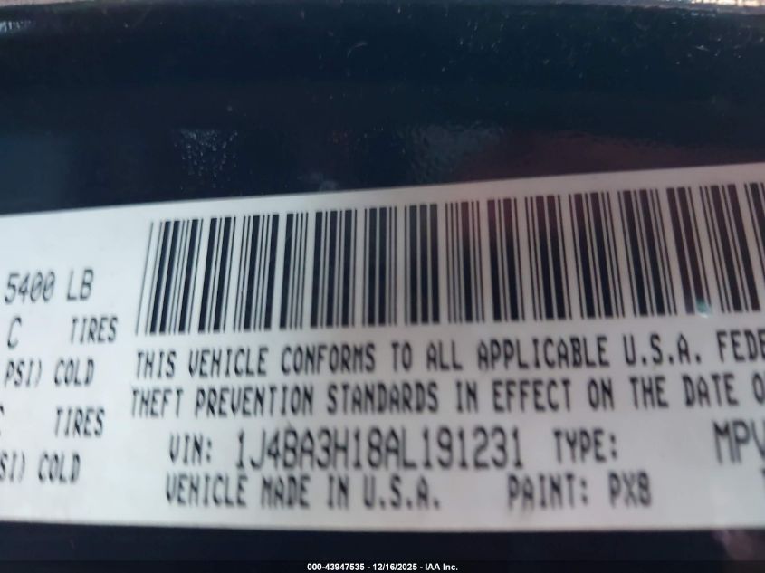 2010 Jeep Wrangler Unlimited Sport VIN: 1J4BA3H18AL191231 Lot: 43947535