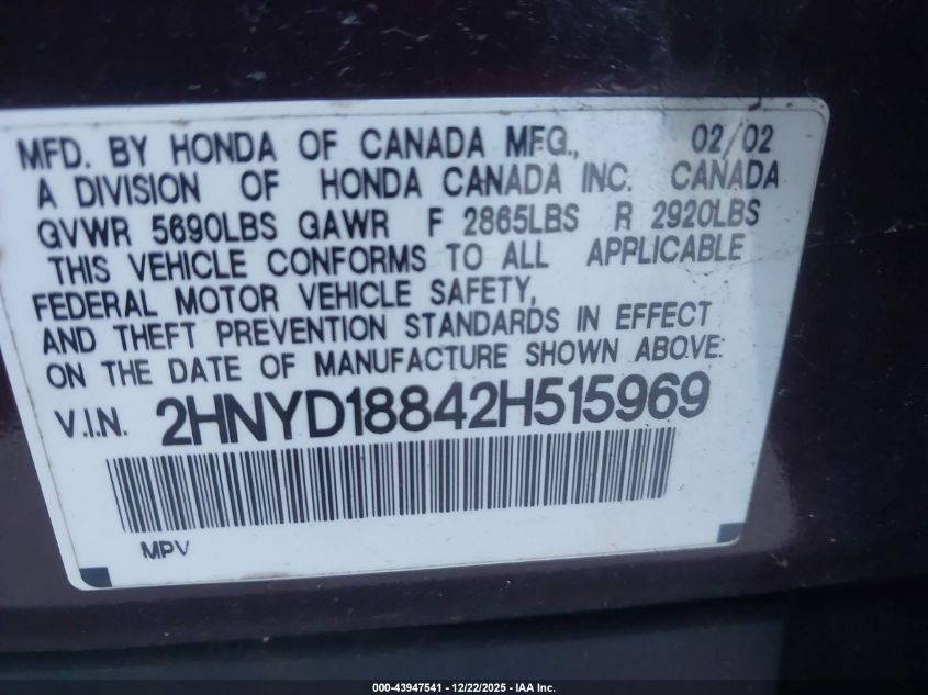2002 Acura Mdx VIN: 2HNYD18842H515969 Lot: 43947541