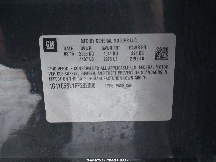 2015 Chevrolet Malibu 1Lt VIN: 1G11C5SL1FF282888 Lot: 43947542