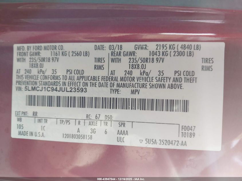 2018 Lincoln Mkc Premiere VIN: 5LMCJ1C94JUL23593 Lot: 43947544