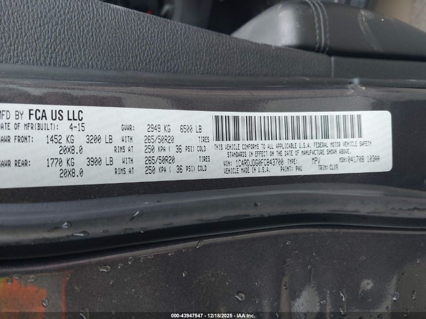 2015 Dodge Durango Limited VIN: 1C4RDJDG0FC843700 Lot: 43947547