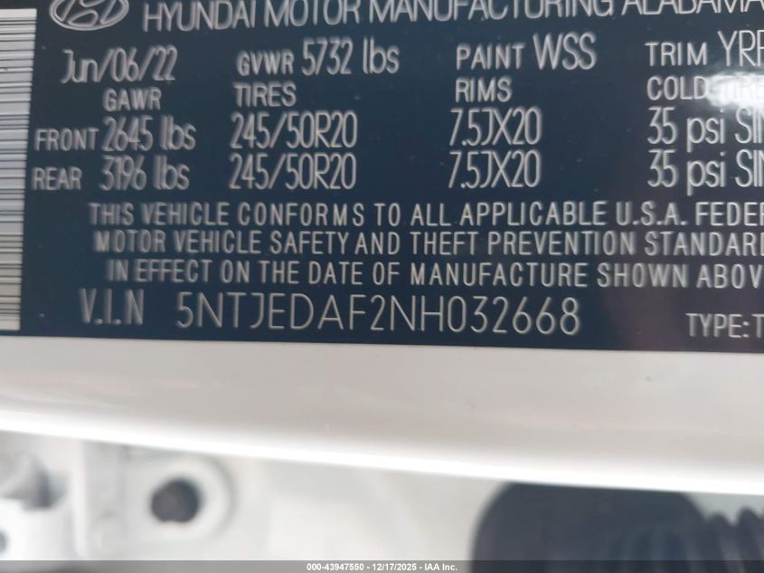 2022 Hyundai Santa Cruz Limited VIN: 5NTJEDAF2NH032668 Lot: 43947550
