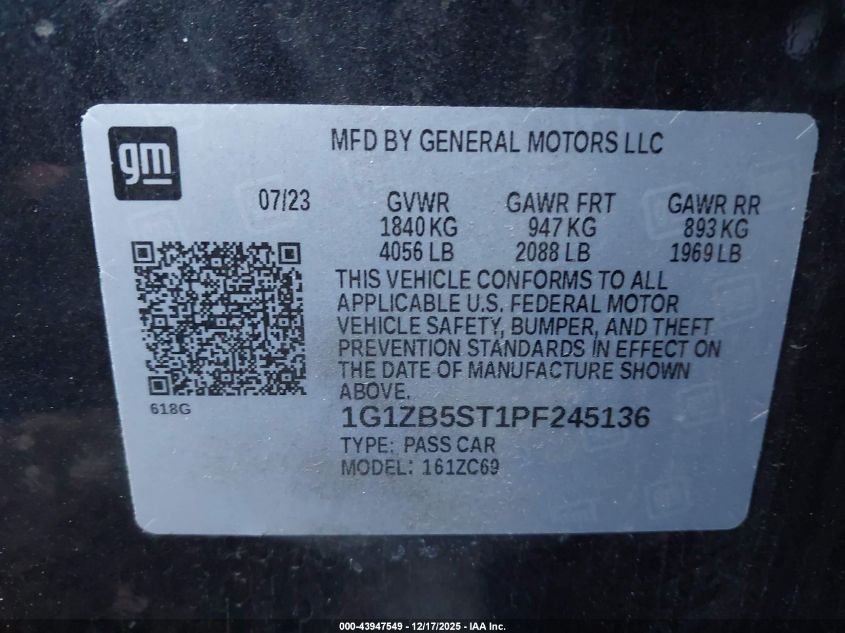 2023 Chevrolet Malibu Fwd Ls VIN: 1G1ZB5ST1PF245136 Lot: 43947549