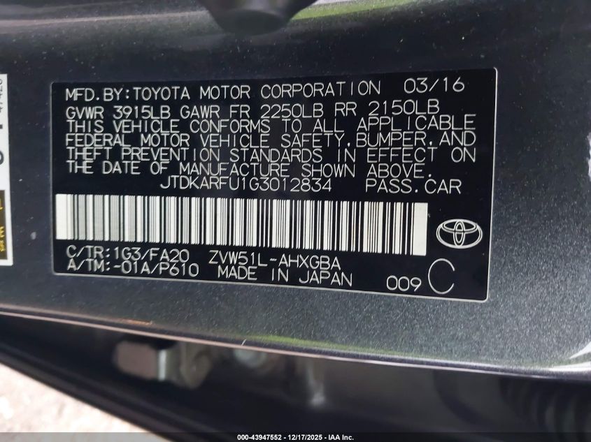 2016 Toyota Prius Three VIN: JTDKARFU1G3012834 Lot: 43947552