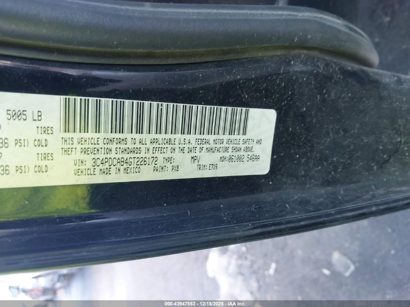 2016 Dodge Journey Se VIN: 3C4PDCAB4GT226172 Lot: 43947553