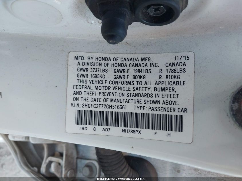 2016 Honda Civic Ex VIN: 2HGFC2F72GH516661 Lot: 43947556