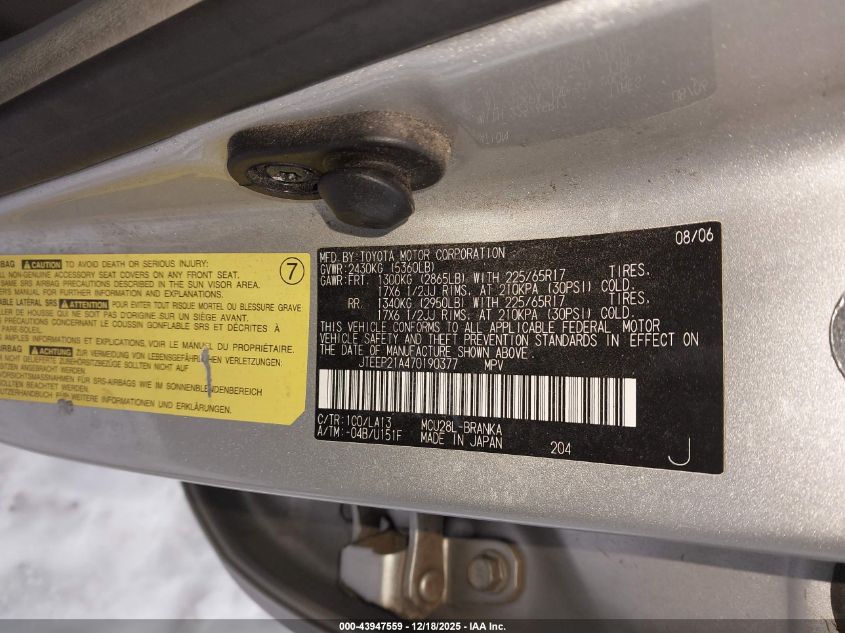 2007 Toyota Highlander Limited V6 VIN: JTEEP21A470190377 Lot: 43947559