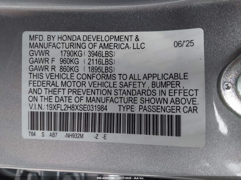 2025 Honda Civic Sedan Sport VIN: 19XFL2H8XSE031984 Lot: 43947560