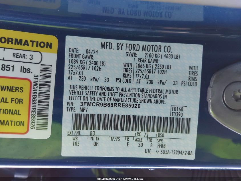 2024 Ford Bronco Sport Big Bend VIN: 3FMCR9B68RRE85926 Lot: 43947566