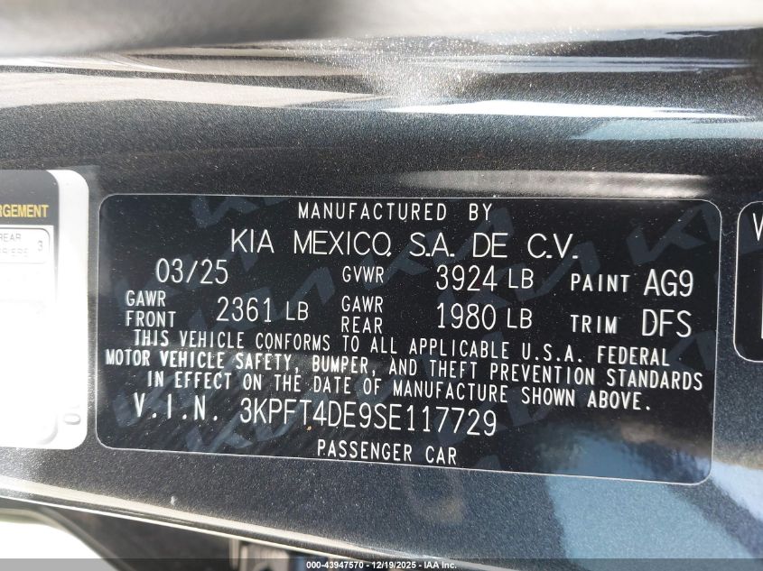 2025 Kia K4 Lxs VIN: 3KPFT4DE9SE117729 Lot: 43947570
