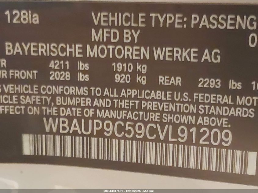 2012 BMW 128I VIN: WBAUP9C59CVL91209 Lot: 43947581